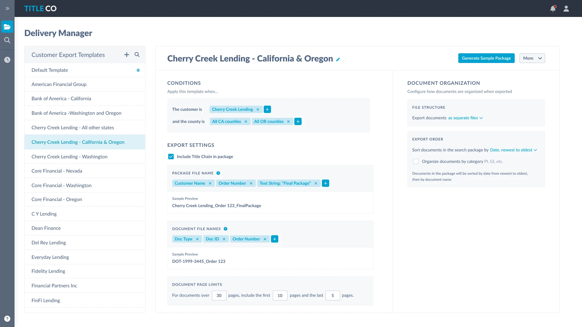 The delivery manager, showing export templates by customer and county with file naming and document organization settings