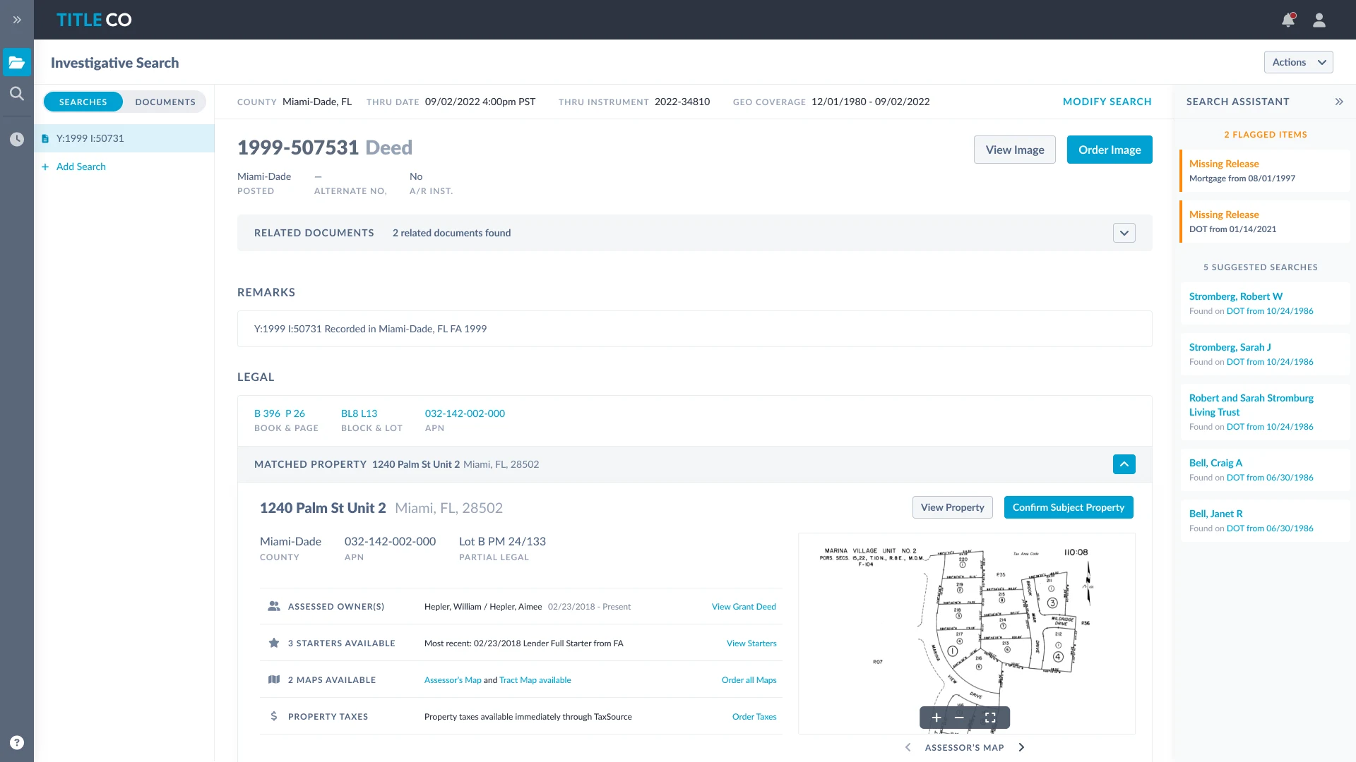 A document record with related documents, remarks, and its matched property
