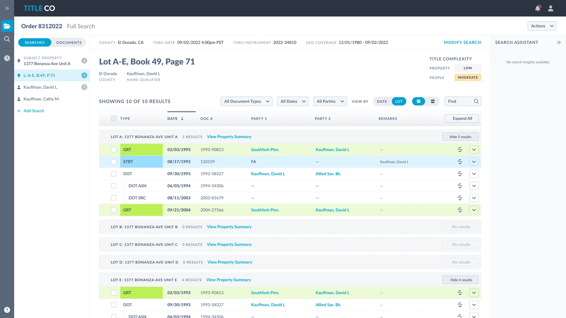 Search results for a multi-lot search, grouped by lot