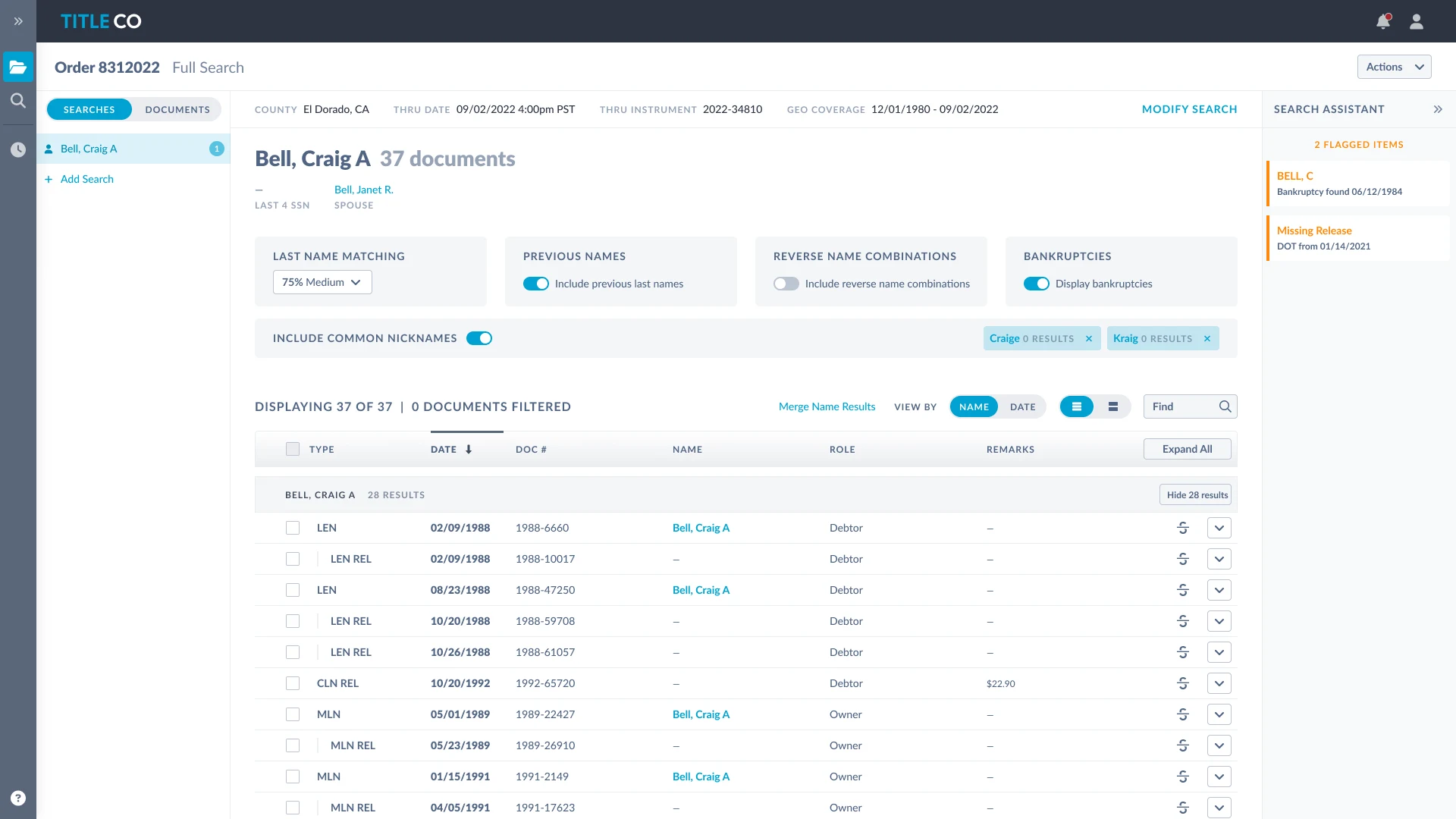 A name search with matching options and a search assistant panel flagging a bankruptcy and a missing release