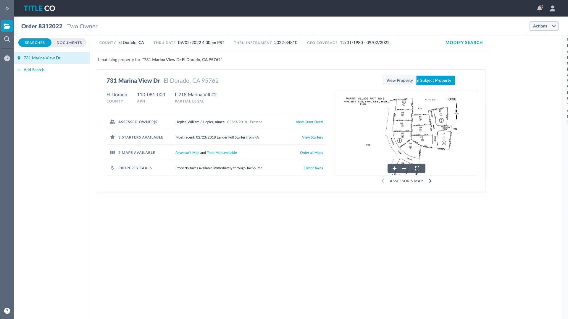 Order workspace showing a matched property with its owners, available starters, maps, and taxes