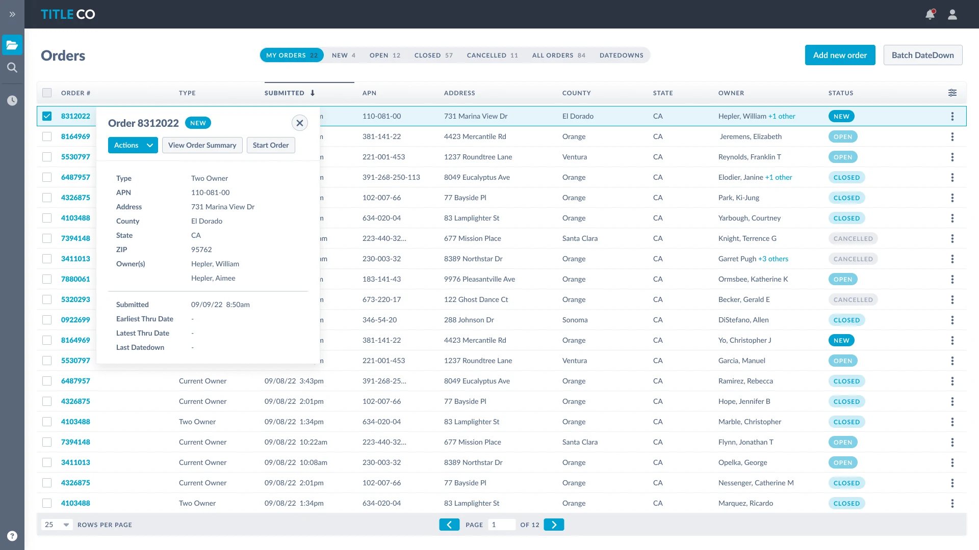 Orders list with an order summary pop-up open on the first order