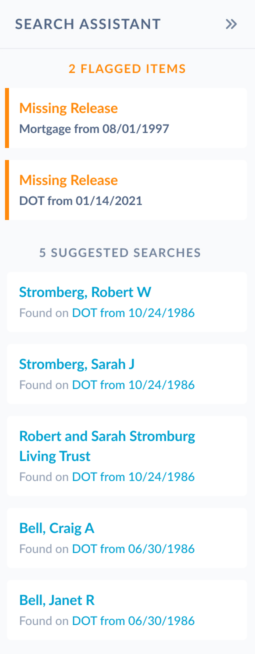 The search assistant panel with two flagged missing releases and five suggested searches