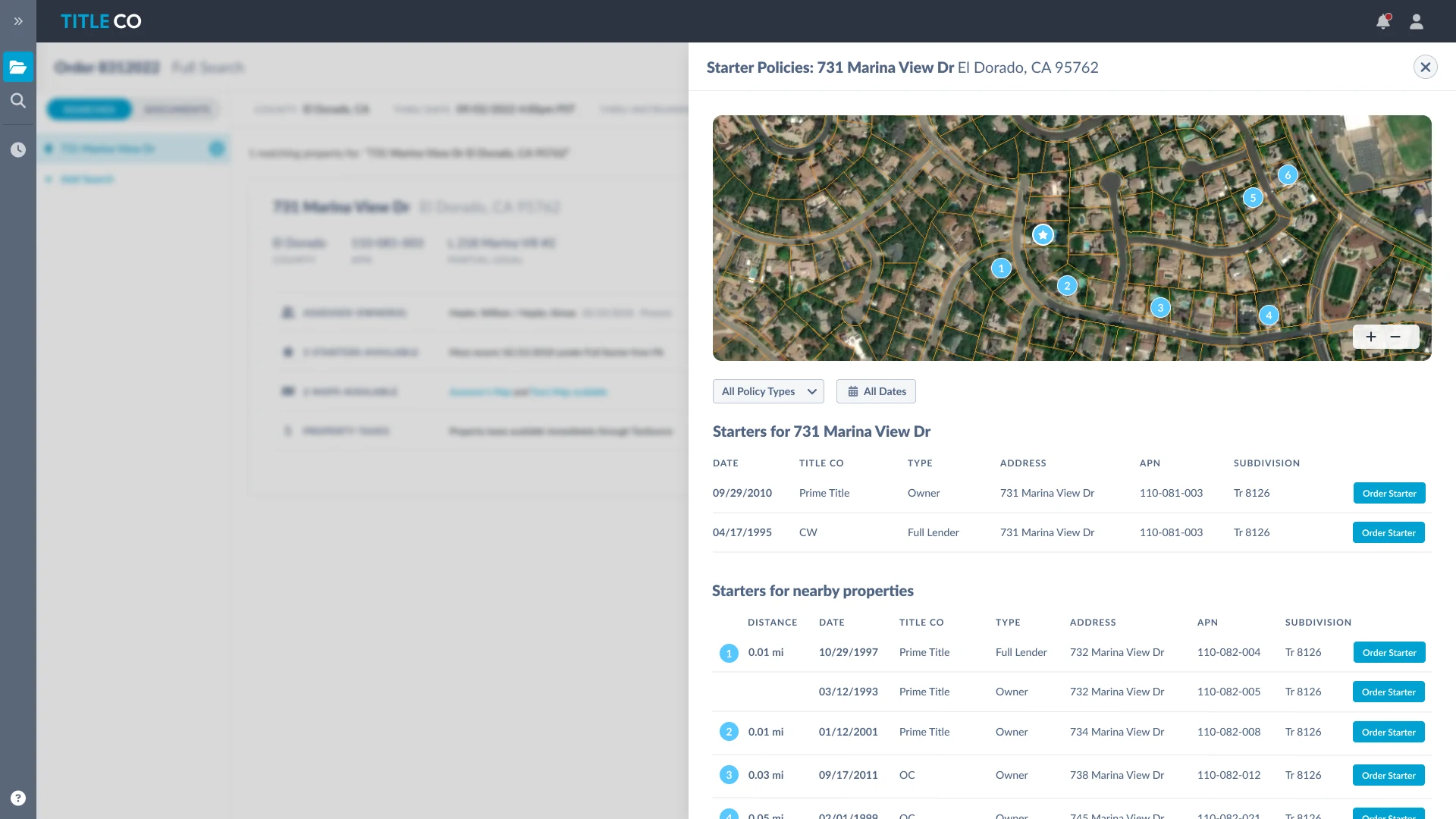 A panel of starter policies for a property and nearby properties, with a map of their locations