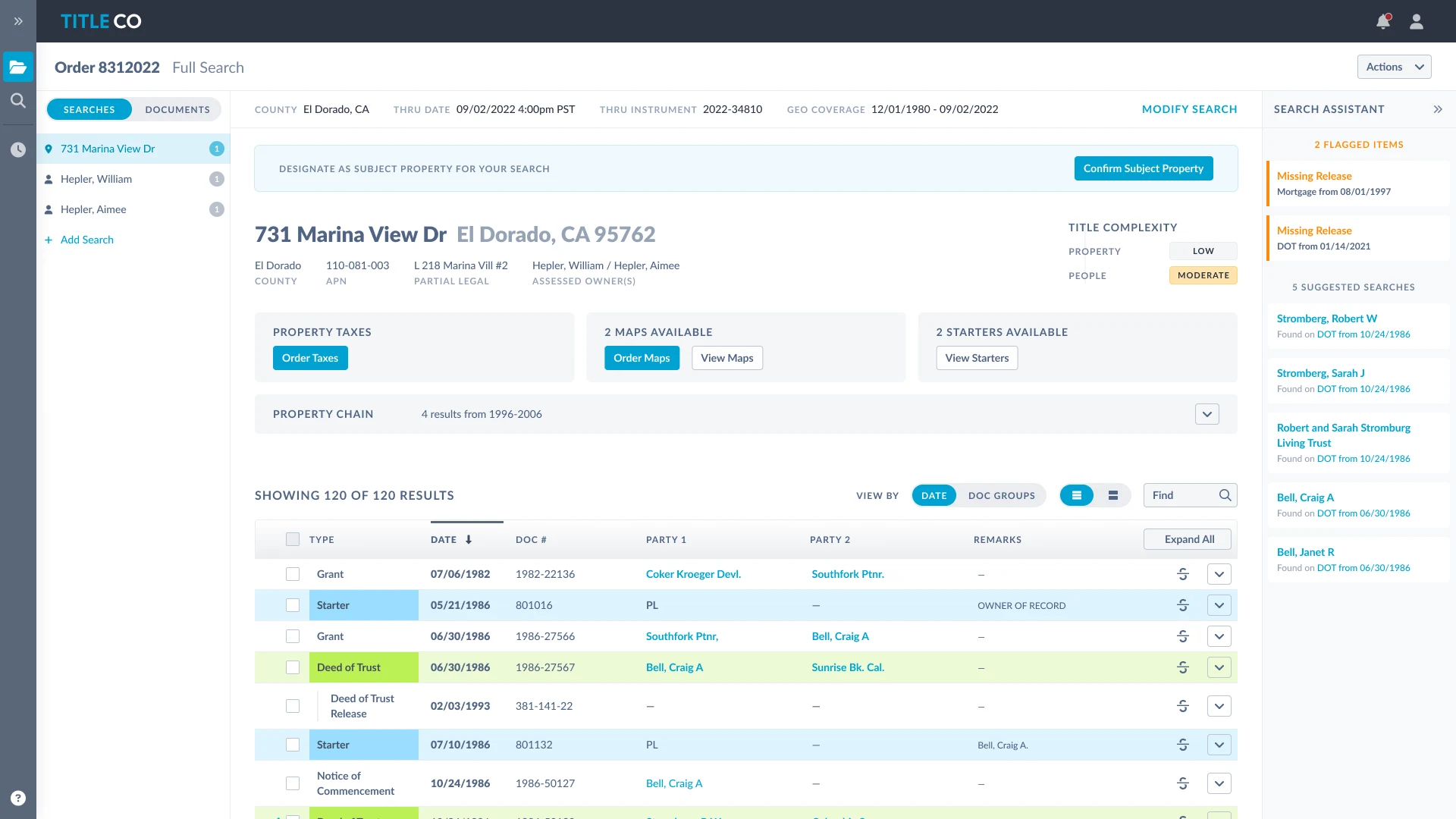 A property search with the property chain collapsed above a table of search results